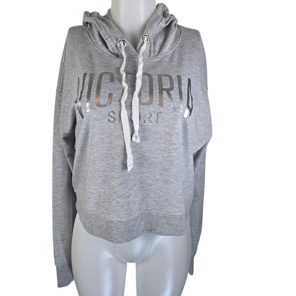 Victoria Secret Sport Cropped Gray Silver Hooded Athletic Womens Pullover L